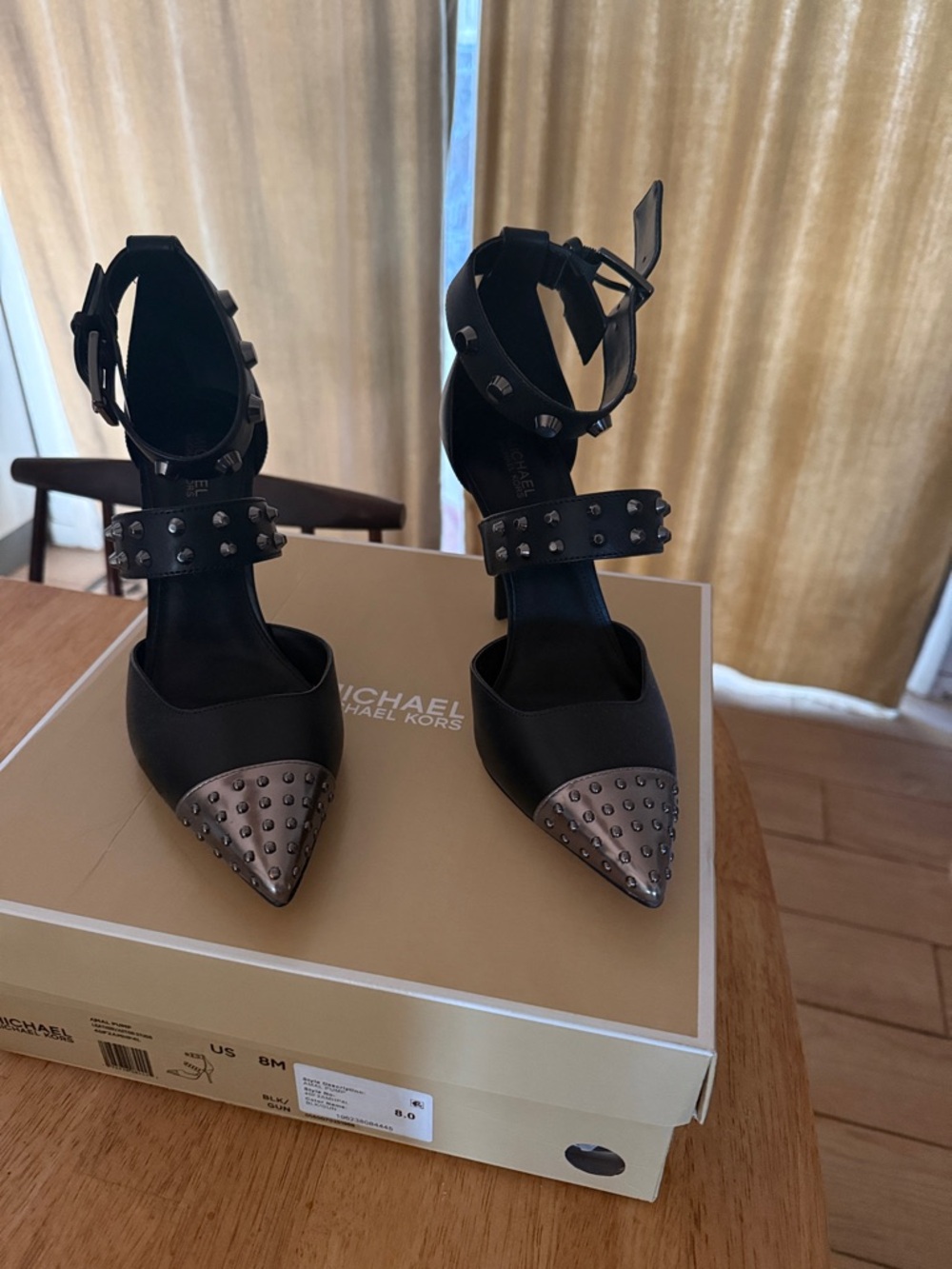 Michael Kors Black Pointed-Toe Stud Ankle-Strap Pumps